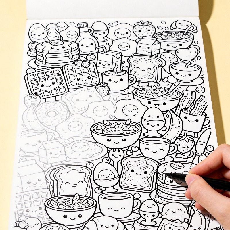 Food Snacks Coloring Book - 성인용 감압 및 명상용 손그림 색칠책,