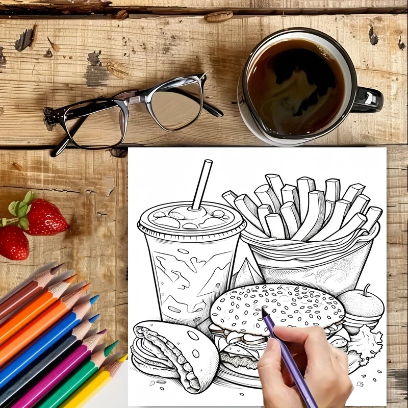 성인을 위한 패스트푸드 색칠책, 귀여운 그림 페이지,  - Food Snacks Coloring Book 리뷰 및 가격